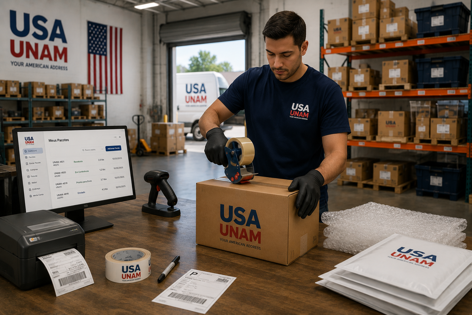Processo de embalagem da USA UNAM com proteção e preparação para envio internacional.